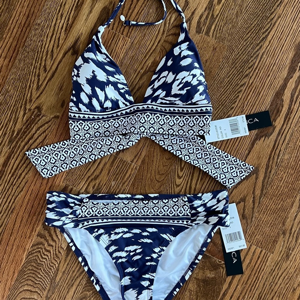 La Blanca Size 4 Indigo Halter Top and Shirred Bottoms Navy Ikat Bikini